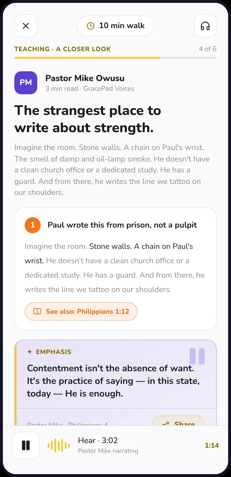 A devotion's Teaching step on a phone: Pastor Mike Owusu's The strangest place to write about strength, with a point, an emphasis quote and audio narration